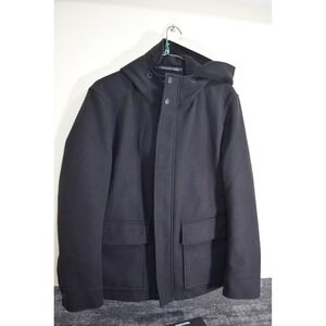COLE HAAN Wool Blend HEAVY Winter Mid Length Dress Jacket Coat Hood MENS M Black